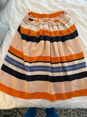 LK Bennett Silk Orange, Navy & Light Blue Wide-Stripe Midi Skirt